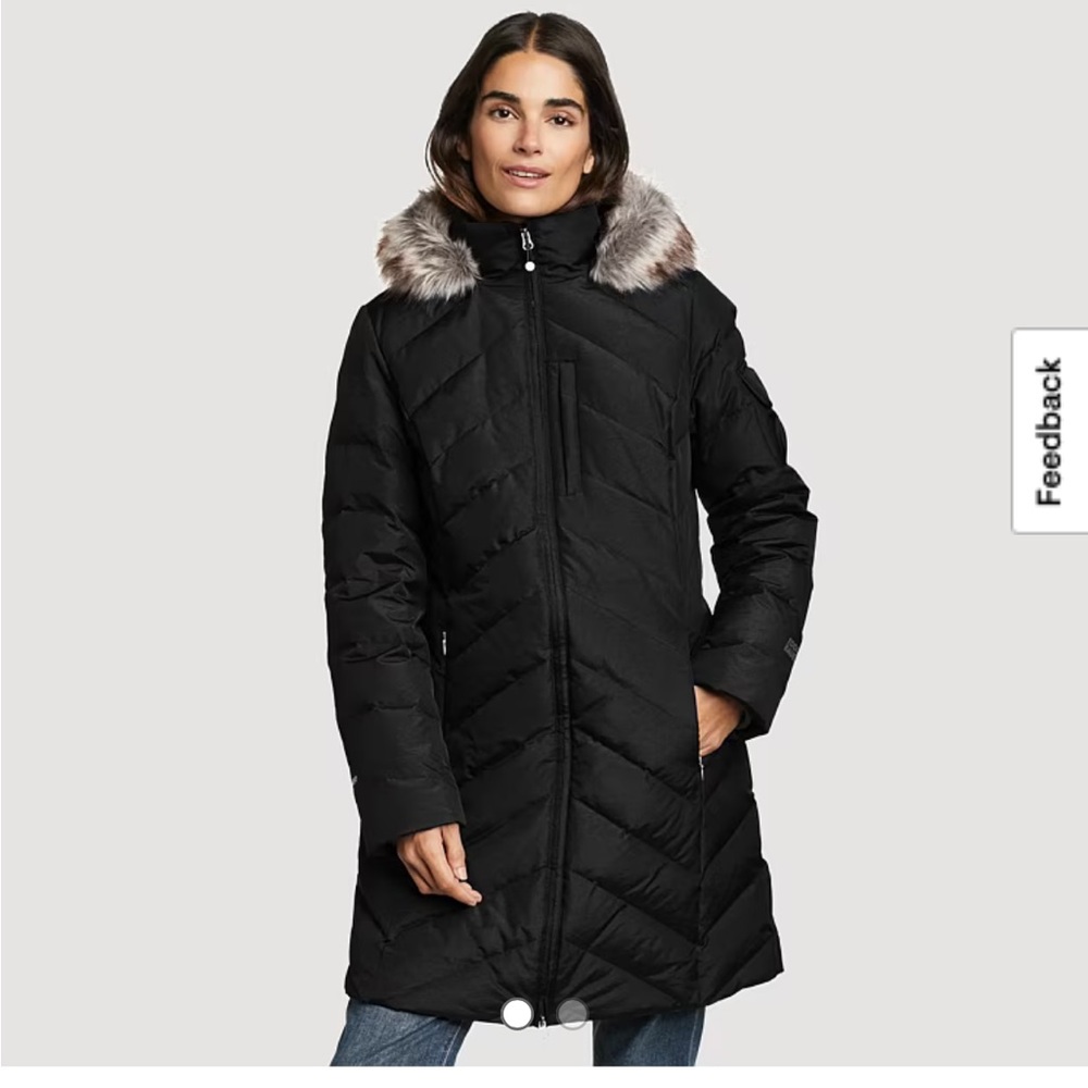 Eddie Bauer Black Puffer Coat with Faux Fur Trim
